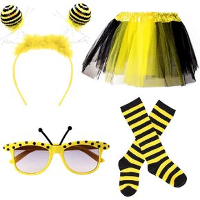 Yewong Bee Costume Kit Bee Bopper Antenna Headband Tutu Skirt Striped Thigh High Sunglasses Halloween Costume for Girls
