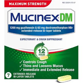 Cough Suppressant and Expectorant, Mucinex DM Maximum Strength 12 Hour Tablets, 7ct, 1200 mg Guaifenesin, Relieves Chest Congestion, Quiets Wet and Dry Cough, #1 Doctor Recommended OTC expectorant