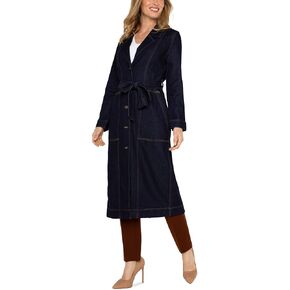 Liverpool Women's Denim Notch Collar Duster Jacket with Self Belt