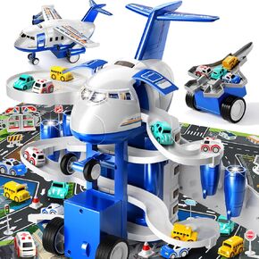 Kids Airplane Toy Racing Tracks for 3 4 5 6 7 Boys - Toy Airplane Small with 8 Car Toy, Garage Parking Lot, Car Carpet Playmat, Kids Toy, Birthday Gifts for Boys Girls 3-5