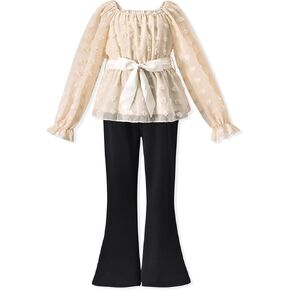 HIHA Girls Fall Clothes Long Sleeve Chiffon Swiss Dot Top Black Flare Legging Pants Set