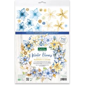 Katy Sue Winter Blooms Die Cut Flowers & Leaves Pack. 12 Sheets of Pre-Cut Double-Sided Paper Flowers & Leaves in Blues & Golds for Christmas Card Making Supplies