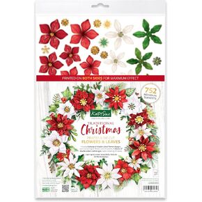 Katy Sue Traditional Christmas Die Cut Flowers & Leaves. 12 Sheets of Double-Sided Die-Cut Red & White Paper Poinsettia Flowers, Flower Centers, & Leaves. for Christmas Card Making & Scrapbooking