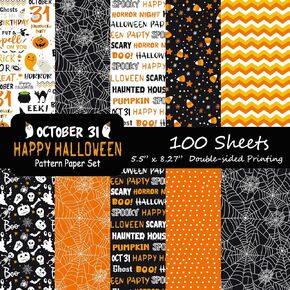 Morcheiong 100 Sheets Halloween Pattern Paper Set Holiday Craft Paper for Card Making Scrapbook Decor, 10 Designs (Orange, 5.5 X 8.27 Inches)