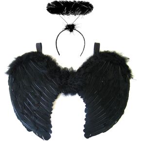 Black Angel Wings and Angel Halo Headband Dark Angel Costume Women - Black Feather Angel Wings as Fallen Angel Wings Halloween Costumes for Women - Black Wings Adult Angel Halloween Costumes for Women