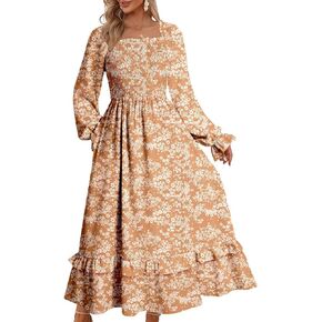 Dokotoo Fall Dresses for Women 2024 Casual Floral Square Neck Long Sleeve Smocked Elastic Waist Tiered Ruffle Hem Maxi Dress