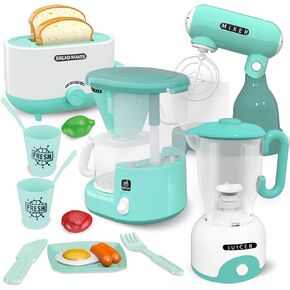 Kids Play Kitchen Accessories Toys Set, Pretend Play Kitchen Appliances Kit - Blender, Coffee Maker, Mixer, Toasters with Light & Sound, Playhouse Role Play Toy Gift for Girl Ages 3 4 5 6