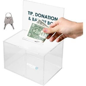 Verso Clear Acrylic Donation Box with Lock and Sign Holder - 6.3x4x4.2 Inch Lockable Fundraising, Tip, and Ballot Box - Small Money Collection Box for Schools, Events, and Businesses