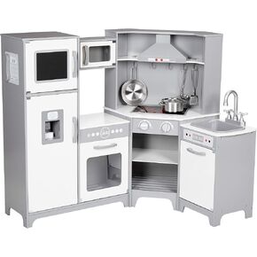 Amazon Basics Kids Upright Wooden Kitchen Toy Playset with Stove, Oven, Sink, Fridge and Accessories, for Toddlers, Preschoolers, Children Age 3+ Years, White & Gray, 39"L x 11.8"W x 39'H'