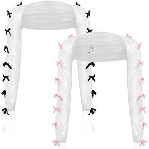 Coume 2 Pcs Women's Mesh Lace Shrug Y2k Aesthetic Arm Sleeves Lace Bolero Shrug Cardigan with Black and Pink Bow Lace Top Shawl for Women Y2k Accessories