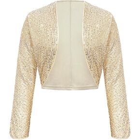 Genhoo Womens Sequin Bolero Shrug Long Sleeve Cropped Sparkly Cardigan Open Front Sequins Jackets for Dresses