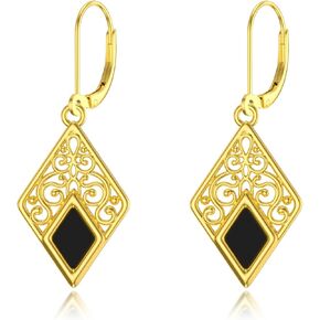 Black Onyx Earrings 925 Sterling Silver Plated Filigree Earrings Boho Leverback Black Onyx Earrings Jewelry for Women