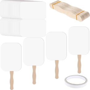 TaoBary DIY Paper Church Fans Handheld Set Fan Sticks Wooden Handle Craft Sticks Wavy with Blank White Cardstock Tape for Wedding Celebration