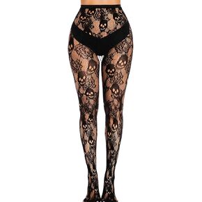 Goth Tights For Women,Sheer Mesh Skull Fishnets Leggings,Patterned Sexy Stockings Halloween Costume Black