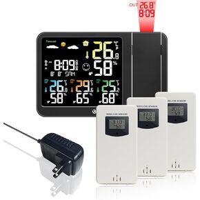 Digital Projection Alarm Clock for Bedroom Ceiling Wall LA LCD Display Radio Controlled Weather Station Indoor Outdoor Temperature Humidity Monitor with 3 Remote Sensors