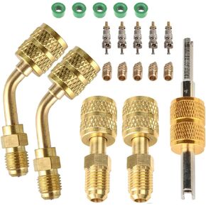 R410a Adapter for Mini Split System, Charging Vacuum Port Adapter, 5/16 Female 1/4 Male Flare, Valve Core Remover, r134a Hose Gaskets, 5V1 Valve Cores, for Air Conditioners Refrigeration HVAC Service