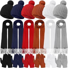 JaGely 18 Pcs Kids Winter Hat Gloves Scarf Set Kids Knit Beanie Pom Hat Full Fingers Gloves Tassel Scarves