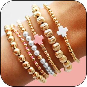 HUASAI 14K Gold Beaded Bracelets for Women Trendy Non Tarnish Gold Bracelet Stack Jewelry Sets Paperclip Cross Pearl Bracelets Set Stackable Jewelry for Birthday Christmas Gifts 2024