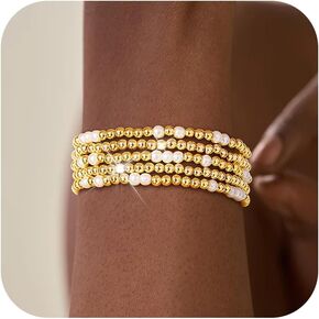 HUASAI 14K Gold Beaded Bracelets for Women Trendy Non Tarnish Gold Bracelet Stack Jewelry Sets Paperclip Cross Pearl Bracelets Set Stackable Jewelry for Birthday Christmas Gifts 2024