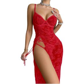 SHENHE Women's Lace Sheer Underwire High Slit Babydoll Dress and Panty Set 2 Piece Lingerie Set