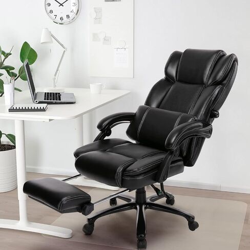 COLAMY Office Chair with Footrest, Ergonomic High Back Design Executive Computer Desk Chair with Removable Lumbar Pillow, 90-135°Reclining, Thick Bonded Leather for Home Office Work Comfort, Khaki in Kuwait