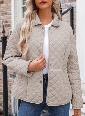 Dokotoo Women's Winter Quilted Jackets Long Sleeve Button Down Diamond Puffer Jacket Outerwear Coats with Pockets in Saudi Arabia