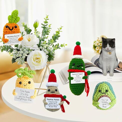 5PCS Mini Positive Potato Crochet Doll Emotional Support Pickle Cucumber Christmas Potato Cute Encouragement Ornament Knitted Doll with Positive Card Birthday Party Decor in Saudi Arabia