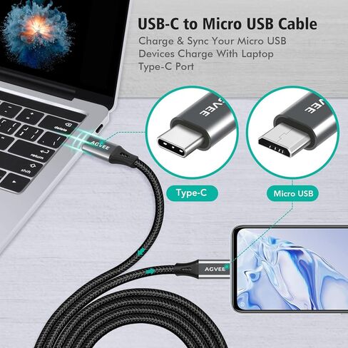 AGVEE 2 Pack 6ft USB-C OTG إلى Micro USB Cable، شاحن مضفر لمزامنة البيانات سلك شحن محول لهاتف Samsung Galaxy S7 S6، J7، J3، LG، PS4، Kindle، PS4 Xbox Controller، هاتف Android، رمادي داكن in Kuwait