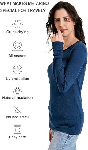 Women's 100% Merino Wool Base Layer Shirt Long Sleeve Thermal Underwear Crewneck Casual Tee Tops for Hiking Travel Skiing in Kuwait