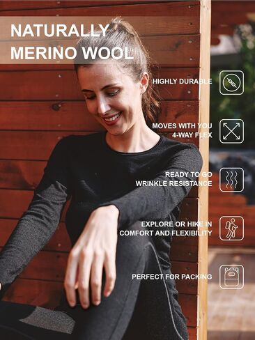 Women's 100% Merino Wool Base Layer Shirt Long Sleeve Thermal Underwear Crewneck Casual Tee Tops for Hiking Travel Skiing in Kuwait