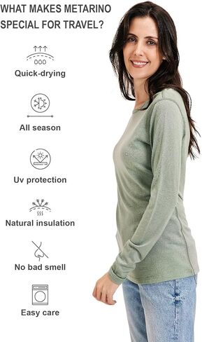Women's 100% Merino Wool Base Layer Shirt Long Sleeve Thermal Underwear Crewneck Casual Tee Tops for Hiking Travel Skiing in Kuwait