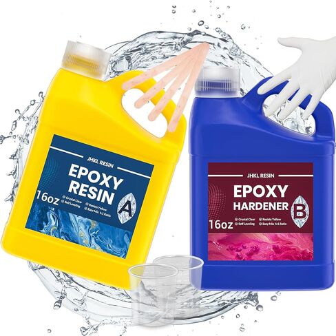 JHKL RESIN راتنجات الايبوكسي 1 جالون مجموعة راتنجات الايبوكسي للصب والطلاء، مصنوعات فنية شفافة تمامًا وبدون اصفرار وبدون فقاعات وتسوية ذاتية، مزيج سهل 1:1 لصنع المجوهرات بنفسك، قوالب الخشب والراتنج in Kuwait