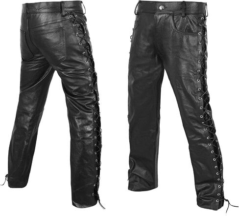 DEFY Men's Thick Cowhide Genuine Leather Full Grain Motorcycle Side Laces Leather Pants in Saudi Arabia