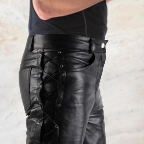 DEFY Men's Thick Cowhide Genuine Leather Full Grain Motorcycle Side Laces Leather Pants in Saudi Arabia