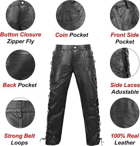 DEFY Men's Thick Cowhide Genuine Leather Full Grain Motorcycle Side Laces Leather Pants in Saudi Arabia