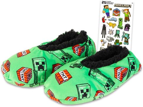 Minecraft Slippers for Boys Age 4-7 - Minecraft Slipper Socks Bundle with 1 Pair of Plush Snuggle Toe Mincraft Creeper Slippers with Grip Size Medium/Large Plus Stickers | Minecraft Slippers for Kids in Saudi Arabia