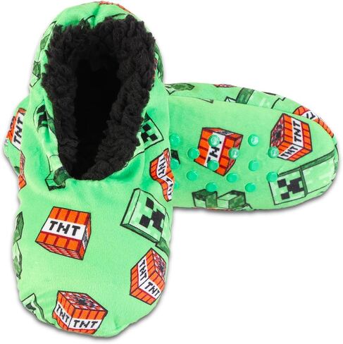 Minecraft Slippers for Boys Age 4-7 - Minecraft Slipper Socks Bundle with 1 Pair of Plush Snuggle Toe Mincraft Creeper Slippers with Grip Size Medium/Large Plus Stickers | Minecraft Slippers for Kids in Saudi Arabia