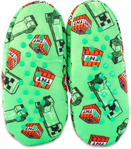 Minecraft Slippers for Boys Age 4-7 - Minecraft Slipper Socks Bundle with 1 Pair of Plush Snuggle Toe Mincraft Creeper Slippers with Grip Size Medium/Large Plus Stickers | Minecraft Slippers for Kids in Saudi Arabia