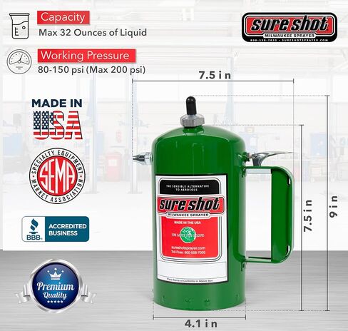 SURE SHOT A1000G 1-Quart Non Aerosol Sprayer - Refillable Pressurized Sprayer Can for Oil, Solvent, Degreasers, Lubricants - Rechargeable Steel Canister with Brass Nozzles - Made in The USA - 32oz. in Kuwait