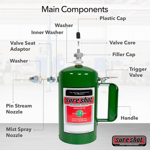 SURE SHOT A1000G 1-Quart Non Aerosol Sprayer - Refillable Pressurized Sprayer Can for Oil, Solvent, Degreasers, Lubricants - Rechargeable Steel Canister with Brass Nozzles - Made in The USA - 32oz. in Kuwait