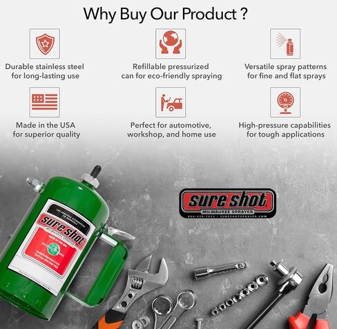 SURE SHOT A1000G 1-Quart Non Aerosol Sprayer - Refillable Pressurized Sprayer Can for Oil, Solvent, Degreasers, Lubricants - Rechargeable Steel Canister with Brass Nozzles - Made in The USA - 32oz. in Kuwait
