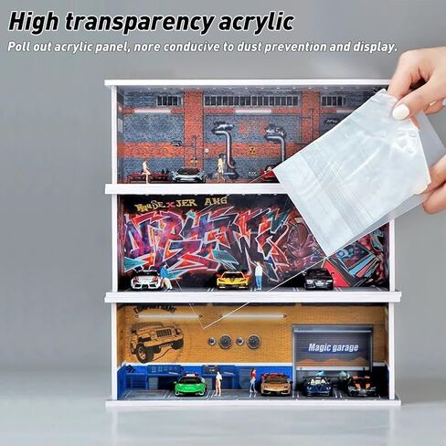 1/64 Model Car Display Case Diecast Diorama Garage，Simulated Parking Lot Model Miniature Scene Parking Lot PVC Assembly with Light Parking Space Model Display Frame Toy Display Box (Red) in Kuwait