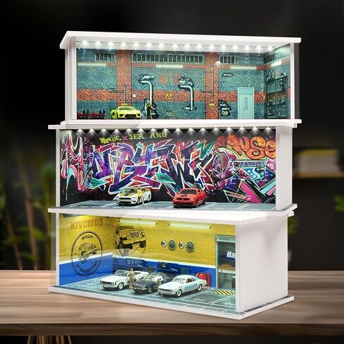 1/64 Model Car Display Case Diecast Diorama Garage，Simulated Parking Lot Model Miniature Scene Parking Lot PVC Assembly with Light Parking Space Model Display Frame Toy Display Box (Red) in Kuwait