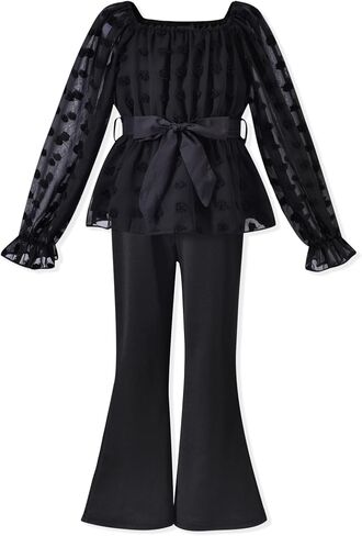 HIHA Girls Fall Clothes Long Sleeve Chiffon Swiss Dot Top Black Flare Legging Pants Set in Saudi Arabia
