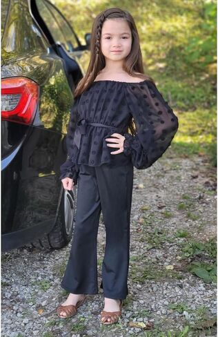 HIHA Girls Fall Clothes Long Sleeve Chiffon Swiss Dot Top Black Flare Legging Pants Set in Saudi Arabia