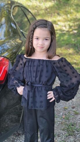 HIHA Girls Fall Clothes Long Sleeve Chiffon Swiss Dot Top Black Flare Legging Pants Set in Saudi Arabia