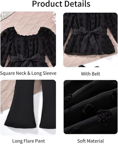 HIHA Girls Fall Clothes Long Sleeve Chiffon Swiss Dot Top Black Flare Legging Pants Set in Saudi Arabia