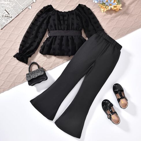 HIHA Girls Fall Clothes Long Sleeve Chiffon Swiss Dot Top Black Flare Legging Pants Set in Saudi Arabia