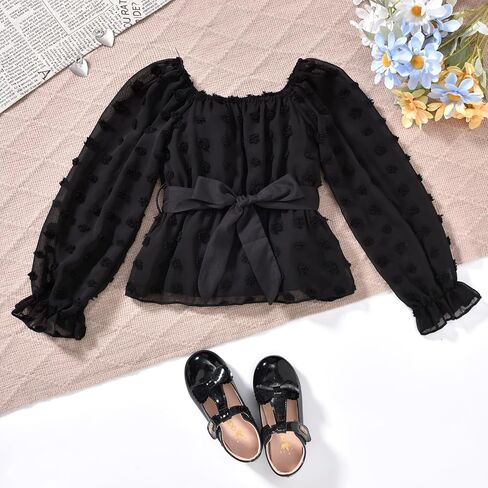 HIHA Girls Fall Clothes Long Sleeve Chiffon Swiss Dot Top Black Flare Legging Pants Set in Saudi Arabia
