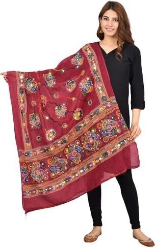 وشاح نسائي من Trend Rajasthani مصنوع من القطن بمرآة Sippi Work Phulkari Dupatta، وشاح Dupatta مطرز من Kutch للنساء in Saudi Arabia